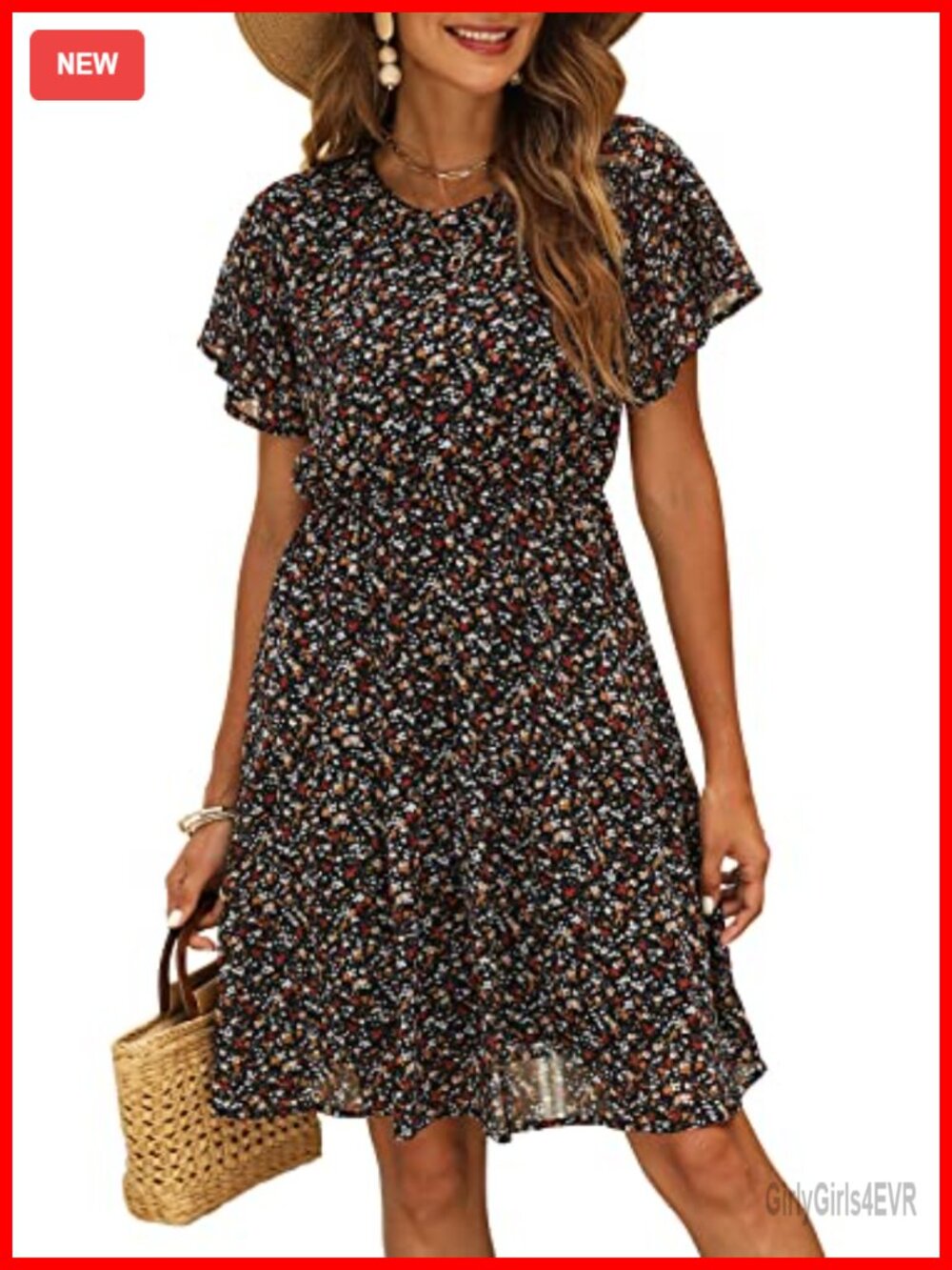 Women's Chiffon Floral Summer Dress Knee Length Flutter Sleeve